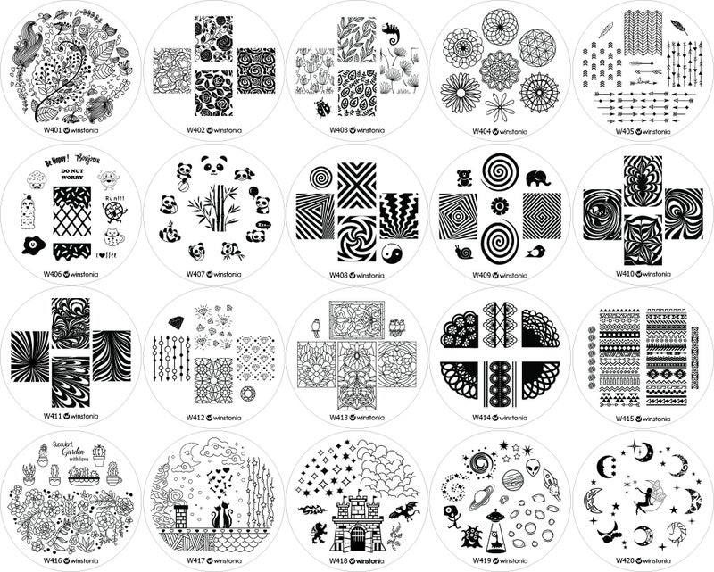 Winstonia Nail Art Stamping Plate 20 pcs Bundle Set Manicure Decoration Templates - Water-marbling, Floral, Galaxy, Fantasy, Lace, Pandas and more - Image 1